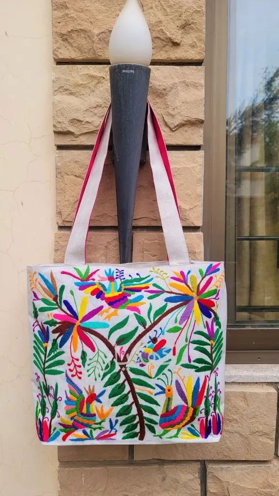 [VC-RK00067] Limited Edition Colorful Hand Embroidered Tote Bag  Depicting Tropical Birds, Flowers, and Lush Greenery.webp