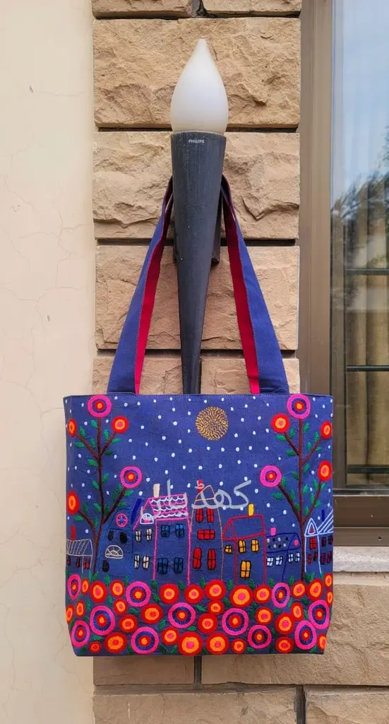 [VC-RK00068] Magical Midnight Cityscape Embroidered Tote Bag, Glowing Windows, Blooming Flowers  Pakistan _ Limited Edition & Spacious.webp