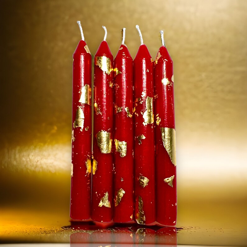 Red & Black set of 10 Candles decorated with gold foil - perfect candles for Mehndi weddings or party decoration