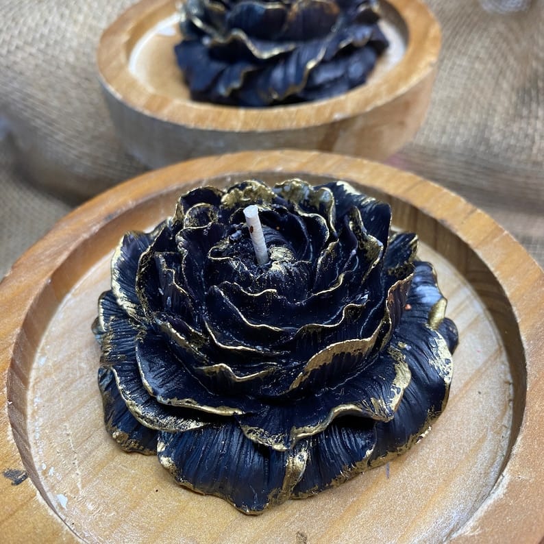 Black & Gold Peony flower Candle  ( 4 PC ) _ Home Decor _ Hand painted Candle _ Black Berries Scented _ Perfect for Home Decorations and Gifts