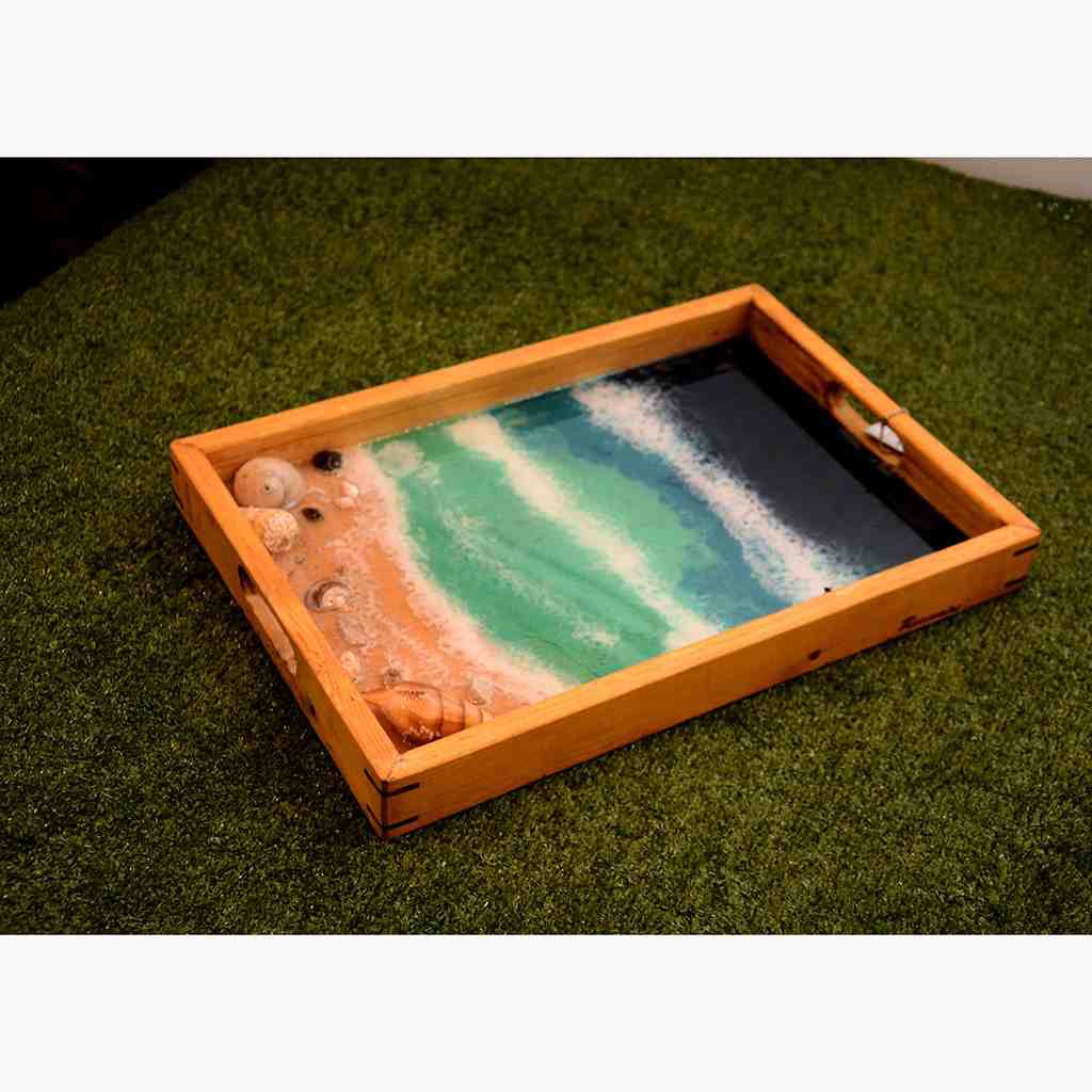 Handmade Wooden Tray - Cosmos Pattern with Ocean