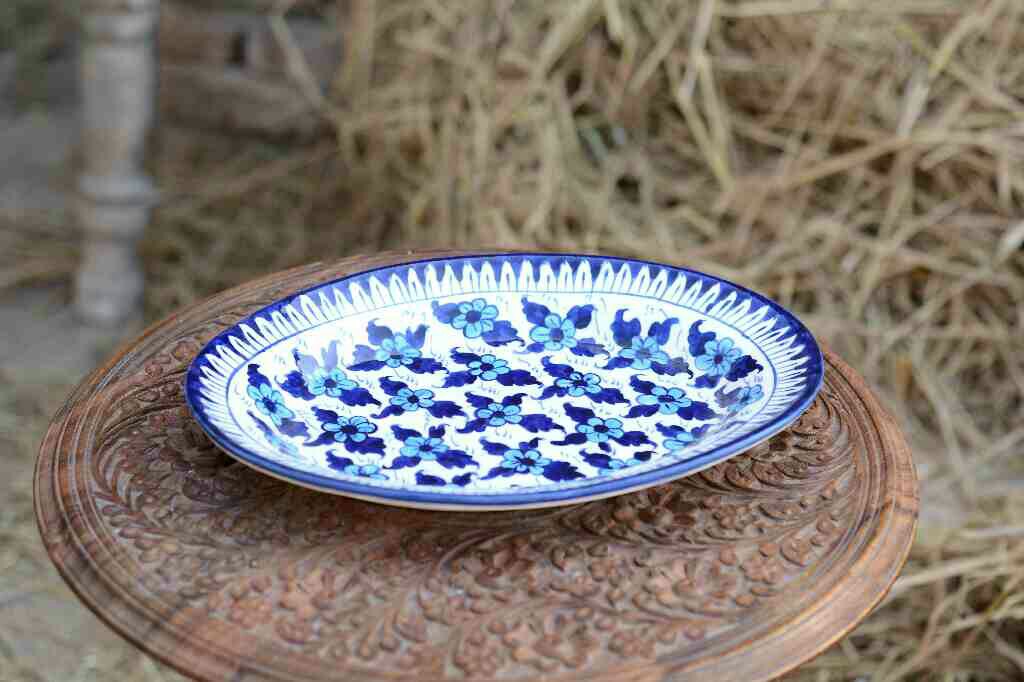 Blue Pottery Oval Shape Rice Tray