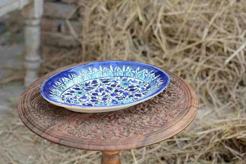 Blue Pottery Oval Shape Rice Tray