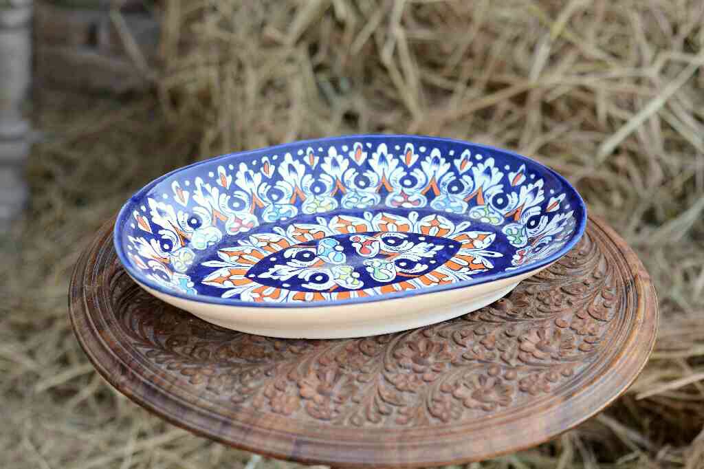 Blue Pottery Oval Shape Rice Tray