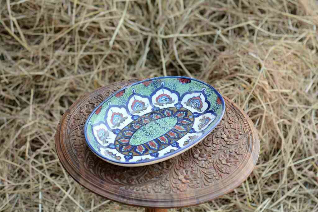Blue Pottery Oval Shape Rice Tray
