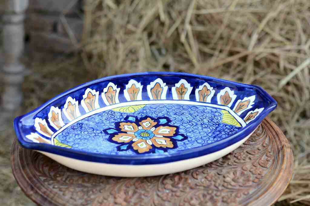Blue Pottery Oval Shape Rice Tray
