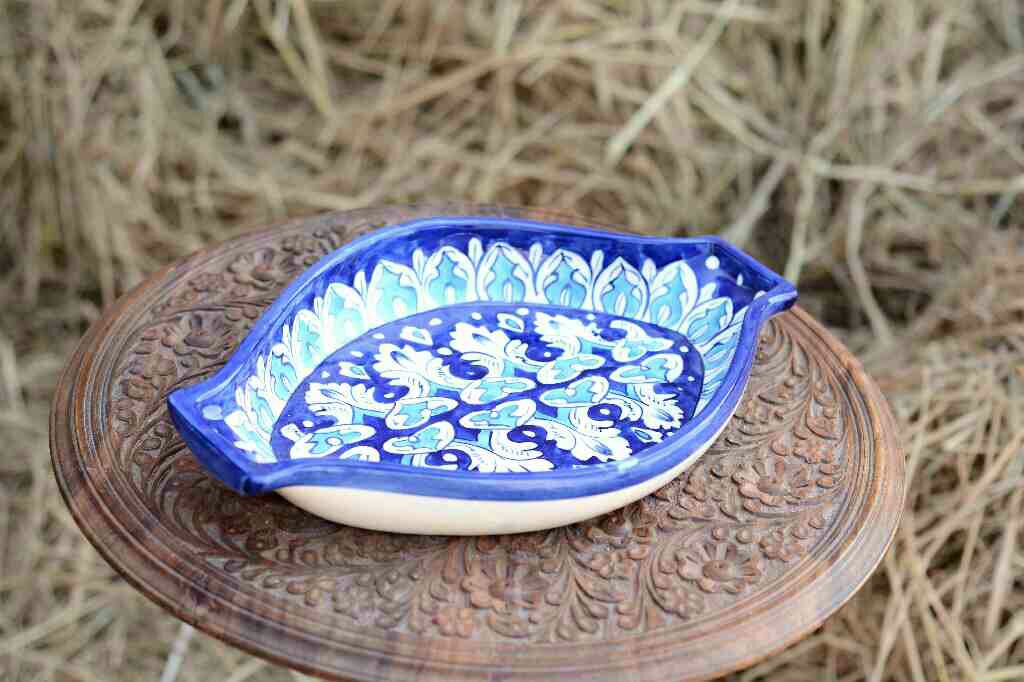 Blue Pottery Oval Shape Rice Tray