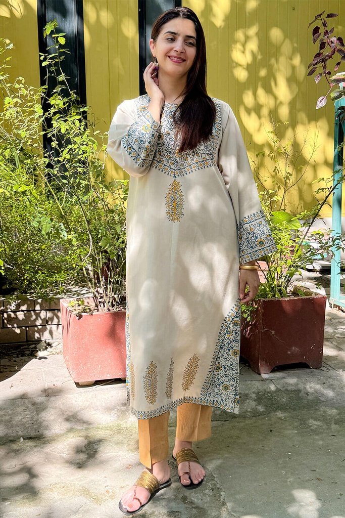 BEIGE BLOCK PRINT KURTA
