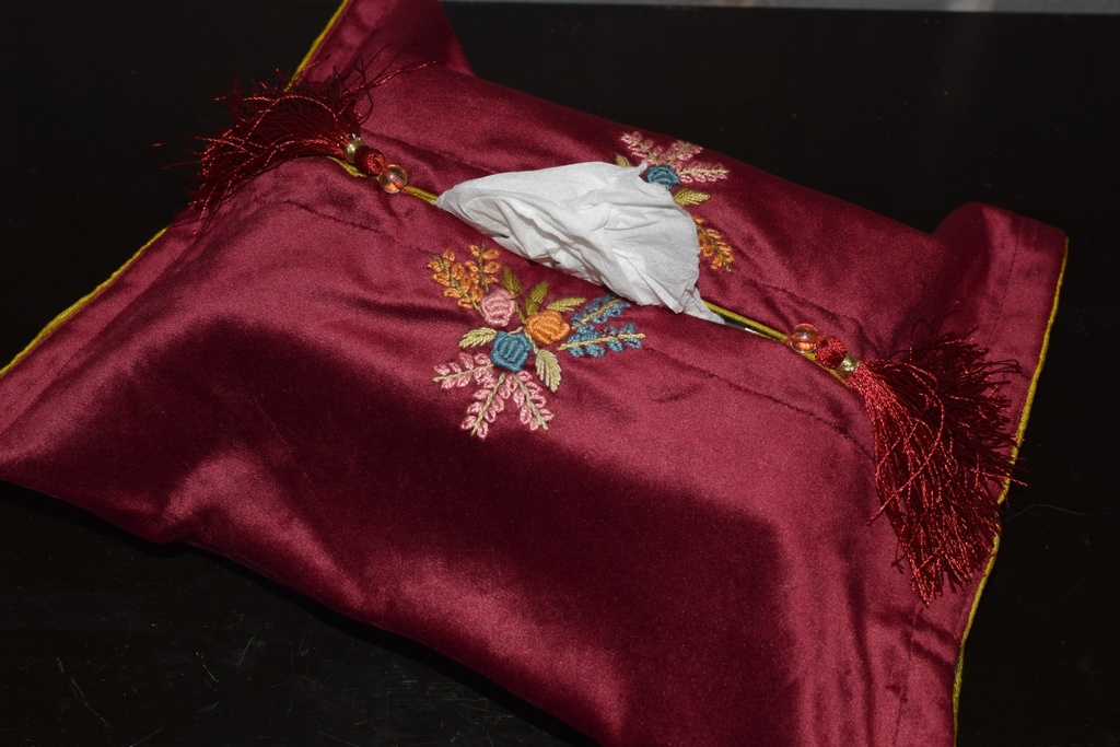 TB-16 Burgundy Velvet Tissue Box Cover with Hand Embroidery