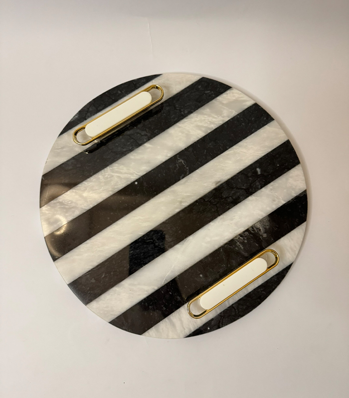 Round Striped Serving Tray With Gold And White Handles