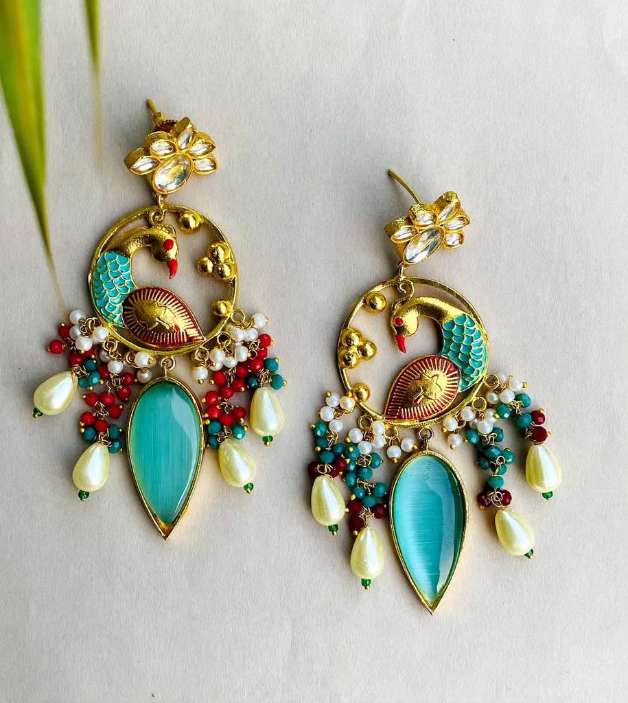 Gold plated kundan peacock earrings