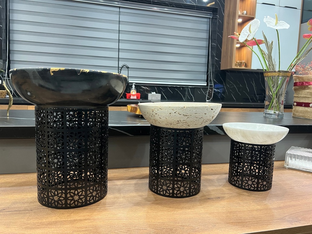 Marble Bowl Deep with Metal Stand - 20Cm