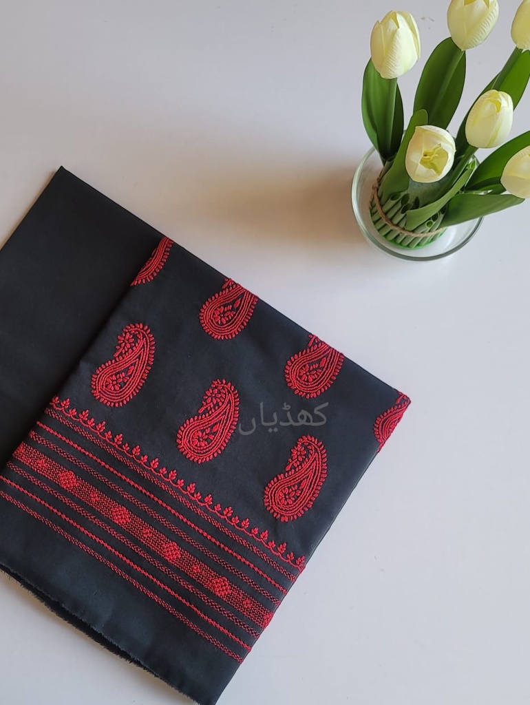 Midnight Black Lawn 2-Piece Unstitched Suit – Hand Embroidered with Scarlet Motifs & Tarkashi Detailing | Pure Lawn Fabric