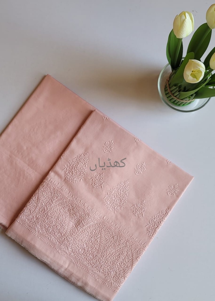 Sand Pink 2-Piece Unstitched Suit Lawn Hand Embroidered Shirt with Plain Dyed Trouser | Pure Lawn Fabric