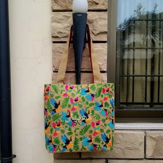 Handcrafted Limited Edition Bag Fuchsia, Turquoise, & Burnt Orange Birds in Precision Embroidery