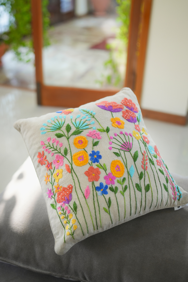 Floral Hand-Embroidered Cushion Cover