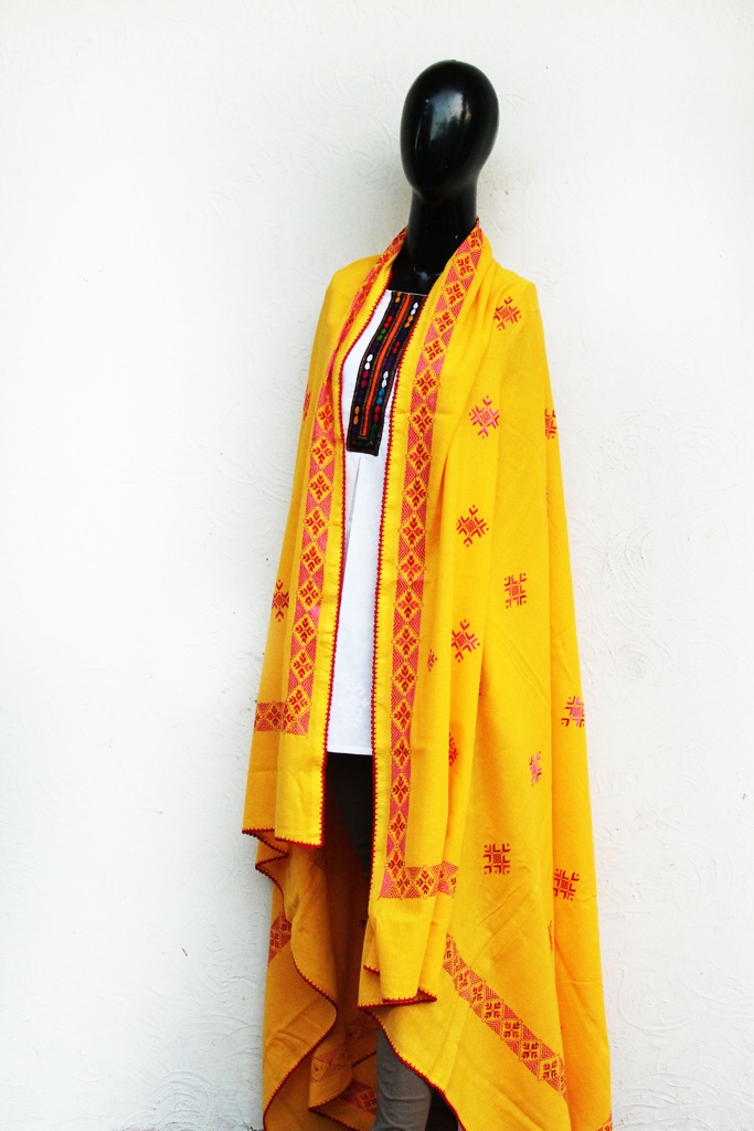 Yellow shawl with phulkari hand embroidery