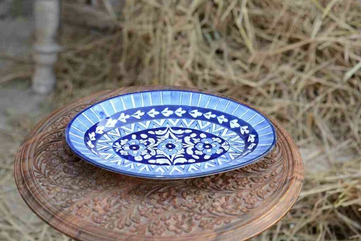 [PK0363-HM-TRY-026109] Blue Pottery Oval Shape Rice Tray