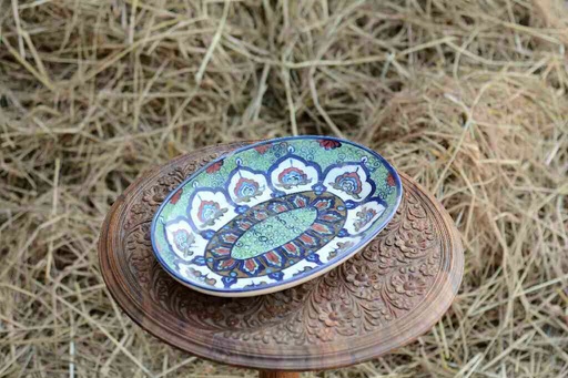[PK0363-HM-TRY-026119] Blue Pottery Oval Shape Rice Tray