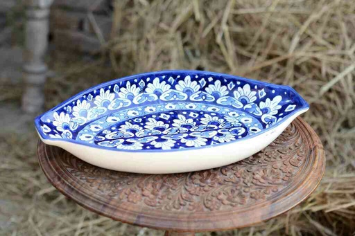 [PK0363-HM-TRY-026122] Blue Pottery Oval Shape Rice Tray