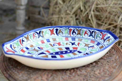 [PK0363-HM-TRY-026126] Blue Pottery Oval Shape Rice Tray