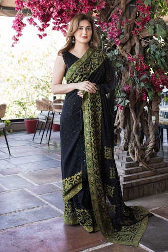 [3-SR-25] Applique Ajrak Saree