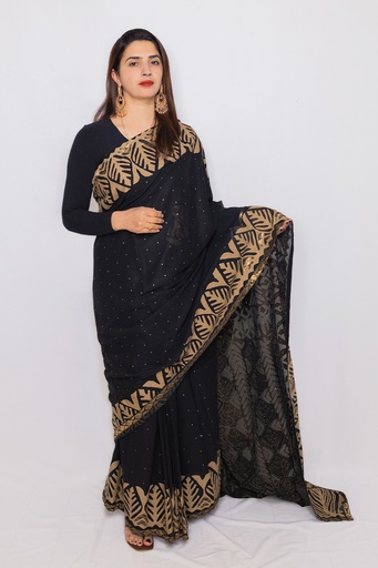 [1-Saree-25] Applique Golden Saree