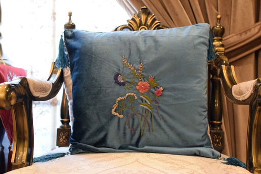 [VC-EG-C-2] C-2 Blue Velvet Hand Embroidered Cushion Covers Set