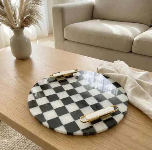 [VC-NUQ-NQMFLOG14] Round Checkered Serving Tray With White & Gold Handles