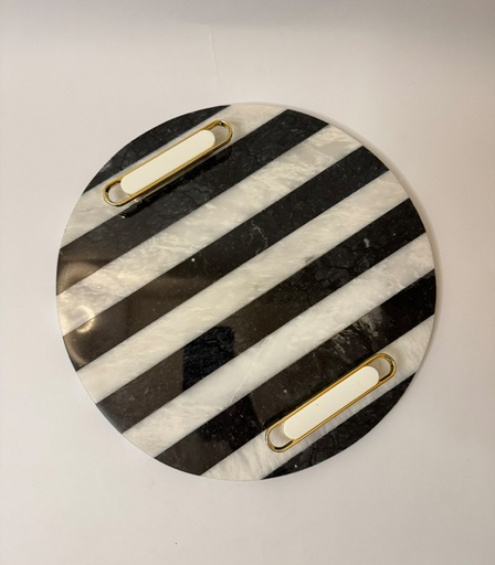 [VC-NUQ-NQMFLOG15] Round Striped Serving Tray With Gold And White Handles