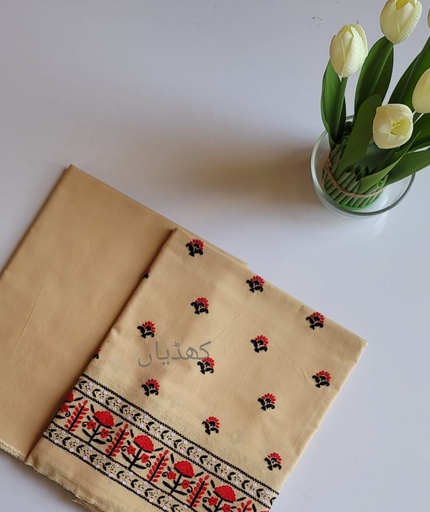 [VC-RK00042] Golden Beige Lawn 2-Piece Unstitched Suit – Hand Embroidered Shirt with Black & Red Motifs | Pure Lawn Fabric