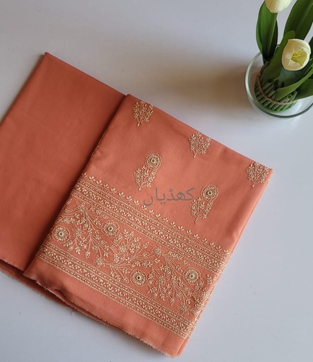 [VC-RK00039] Burnished Peach Lawn 2-Piece Unstitched Suit Hand Embroidered Shirt & Trouser Lawn Fabric