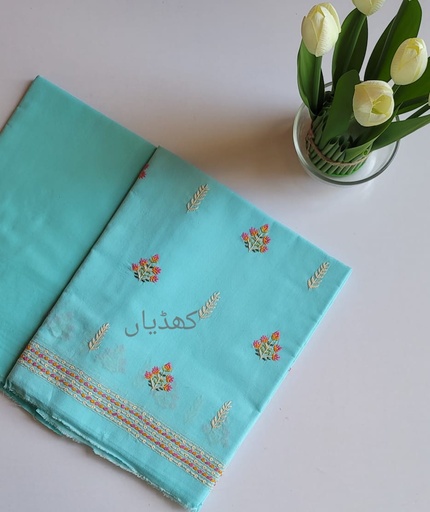 [VC-RK00043] Turquoise Lawn 2-Piece Unstitched Suit – Hand Embroidered Shirt with Colorful Threadwork | Pure Lawn Fabric