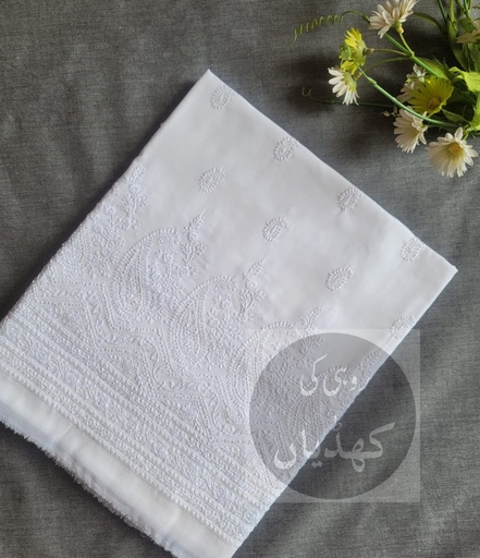 [VC-RK00036] White Unstitched Hand-Embroidered Lawn Shirt – Dyeable, Front, Back & Sleeves Embroidery