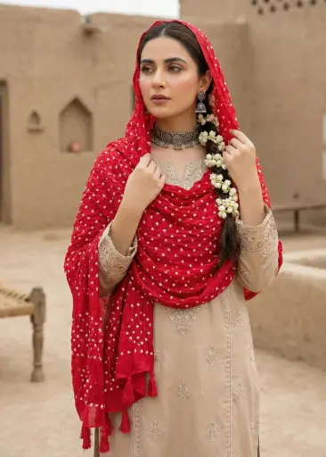 [VC-RK00028] Red Hand-knotted Chunri Stole Pure Lawn Fabric