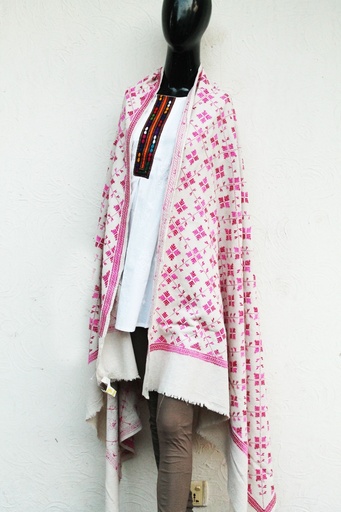 [PK0029-CW-SCF-000484] White shawl with hand embroidery