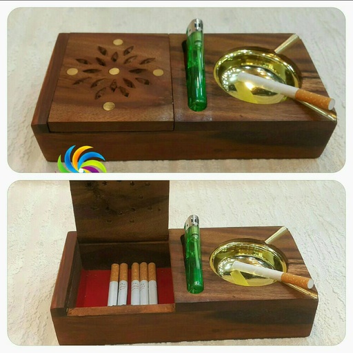 [PK0130-GN-GEN-008862] Wooden Ashtray with Brass Inlay and Cigarette Storage